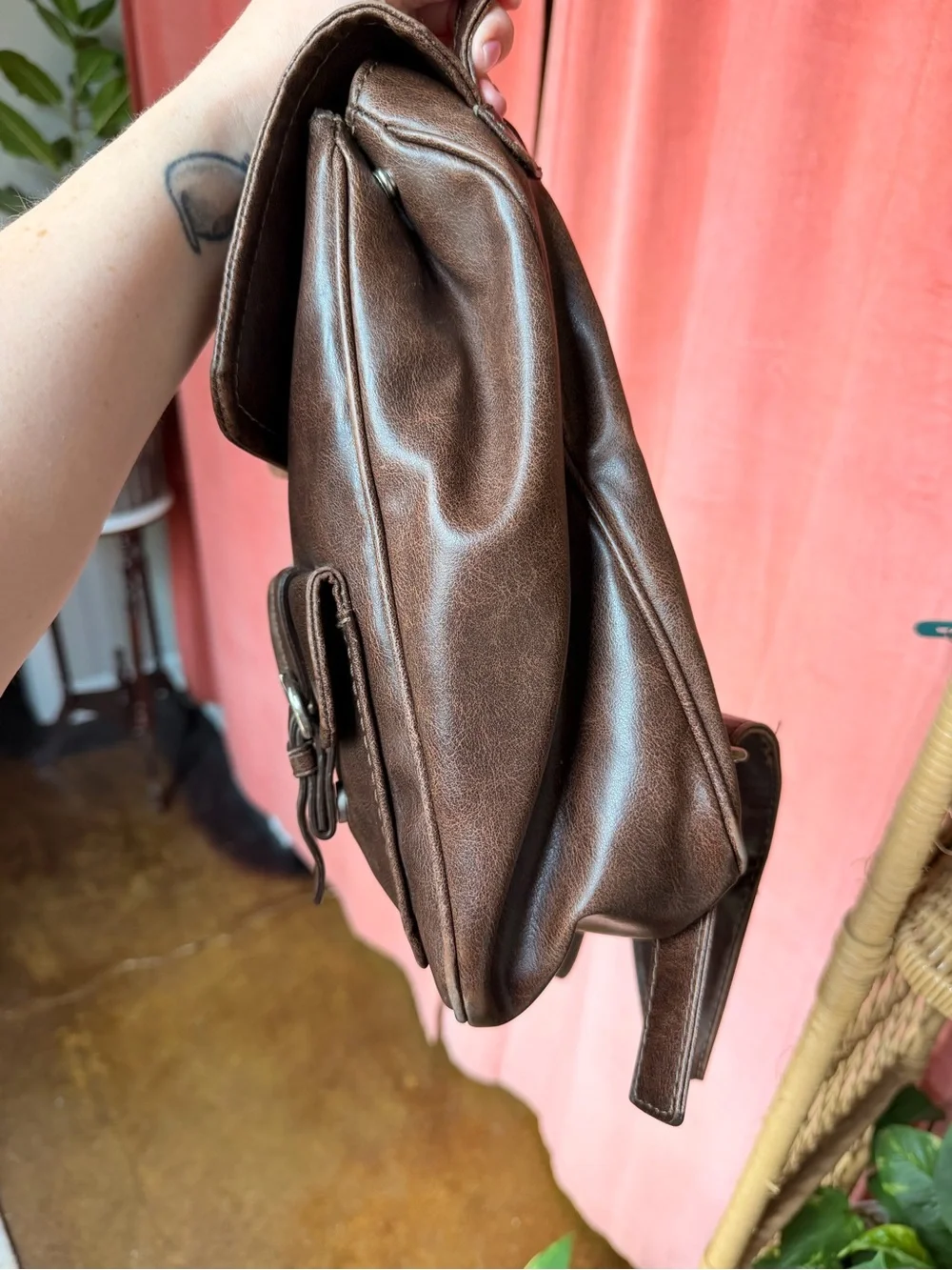 Vintage Nine West Brown Faux Leather Mini Backpack with Front Buckle Pockets